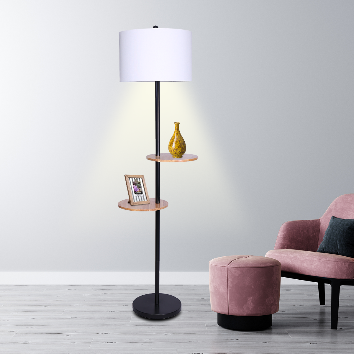sarantino metal floor lamp shade with black post in round wood shelves