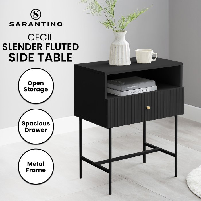 sarantino cecil slender fluted bedside table in black sarantino cecil slender fluted bedside table in black