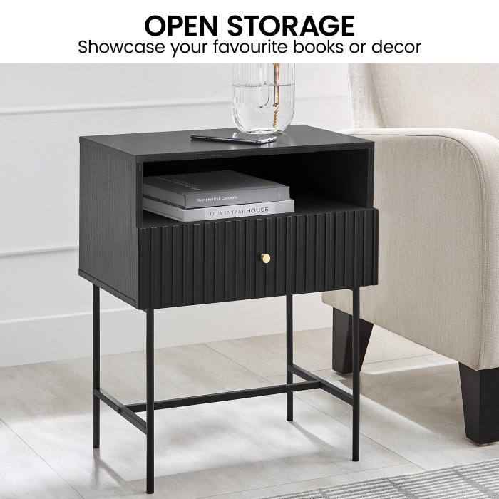 sarantino cecil slender fluted bedside table in black sarantino cecil slender fluted bedside table in black