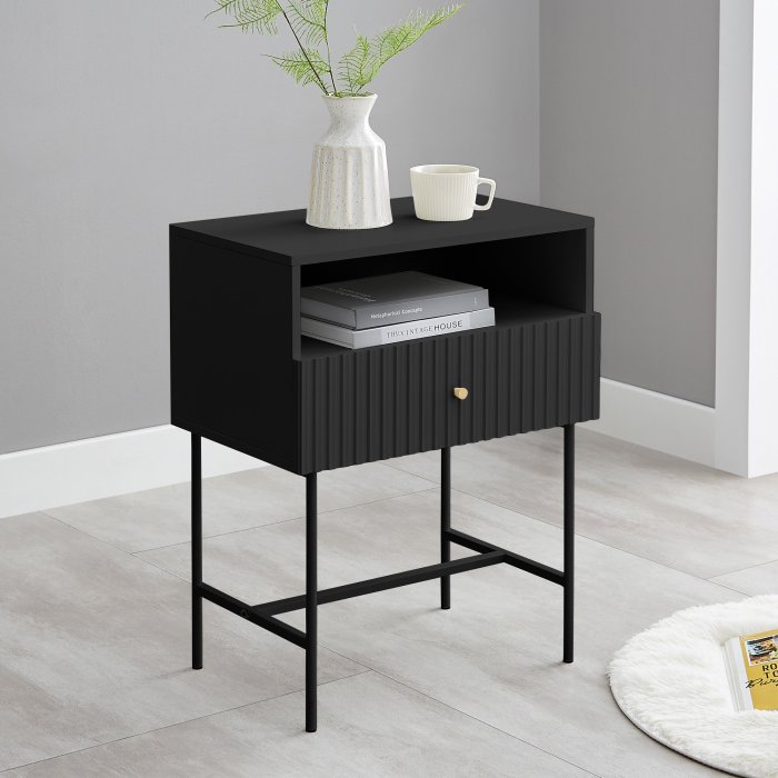 sarantino cecil slender fluted bedside table in black sarantino cecil slender fluted bedside table in black