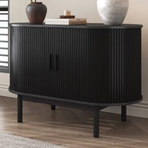 Ribbed Sideboard – Mid-Century Black Cabinet with Sliding Doors & Storage | Kouwi
