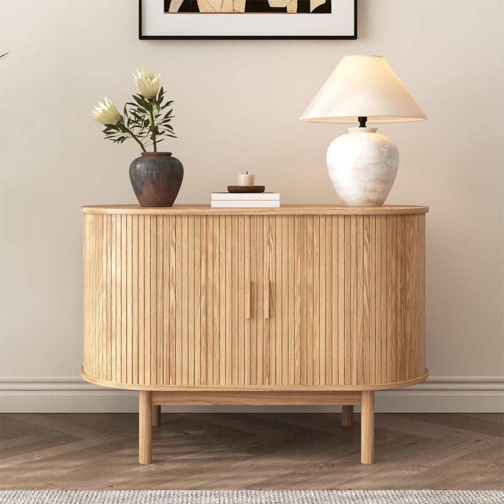 natural wood ribbed sideboard cabinet