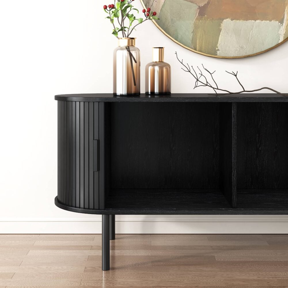 ribbed black sideboard with sliding doors