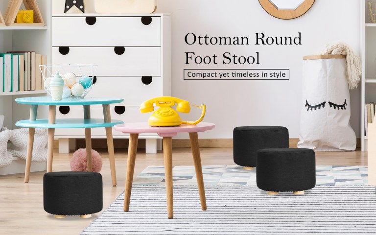 fabric ottoman round wooden leg foot stool black