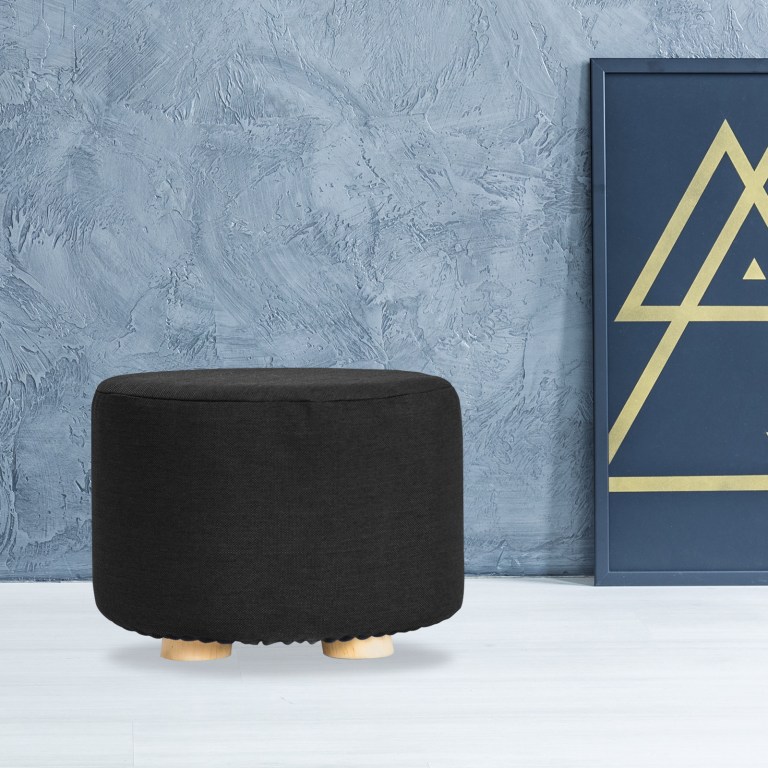 fabric ottoman round wooden leg foot stool black