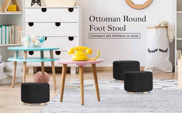 2x fabric ottoman round wooden leg foot stool black