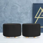 2x fabric ottoman round wooden leg foot stool black