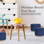fabric ottoman round wooden leg foot stool dark blue
