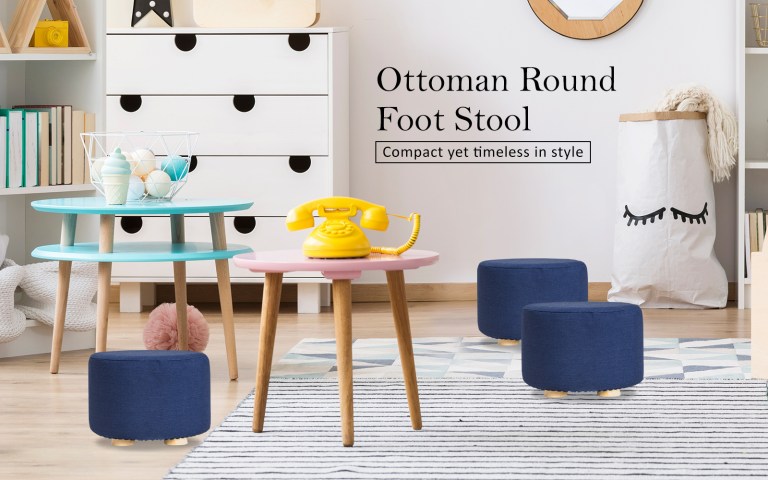 fabric ottoman round wooden leg foot stool dark blue