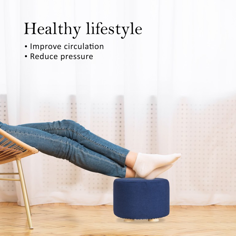 fabric ottoman round wooden leg foot stool dark blue