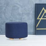 fabric ottoman round wooden leg foot stool dark blue