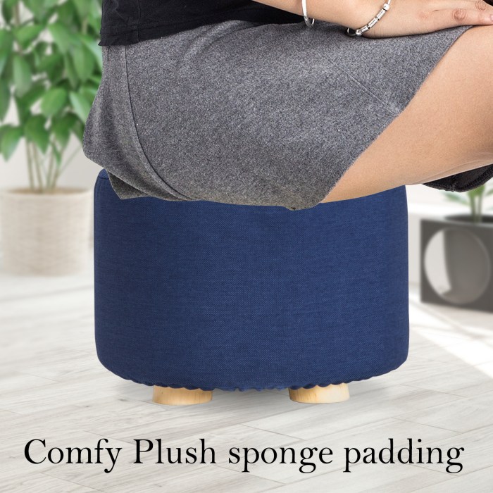 2x fabric ottoman round wooden leg foot stool dark blue