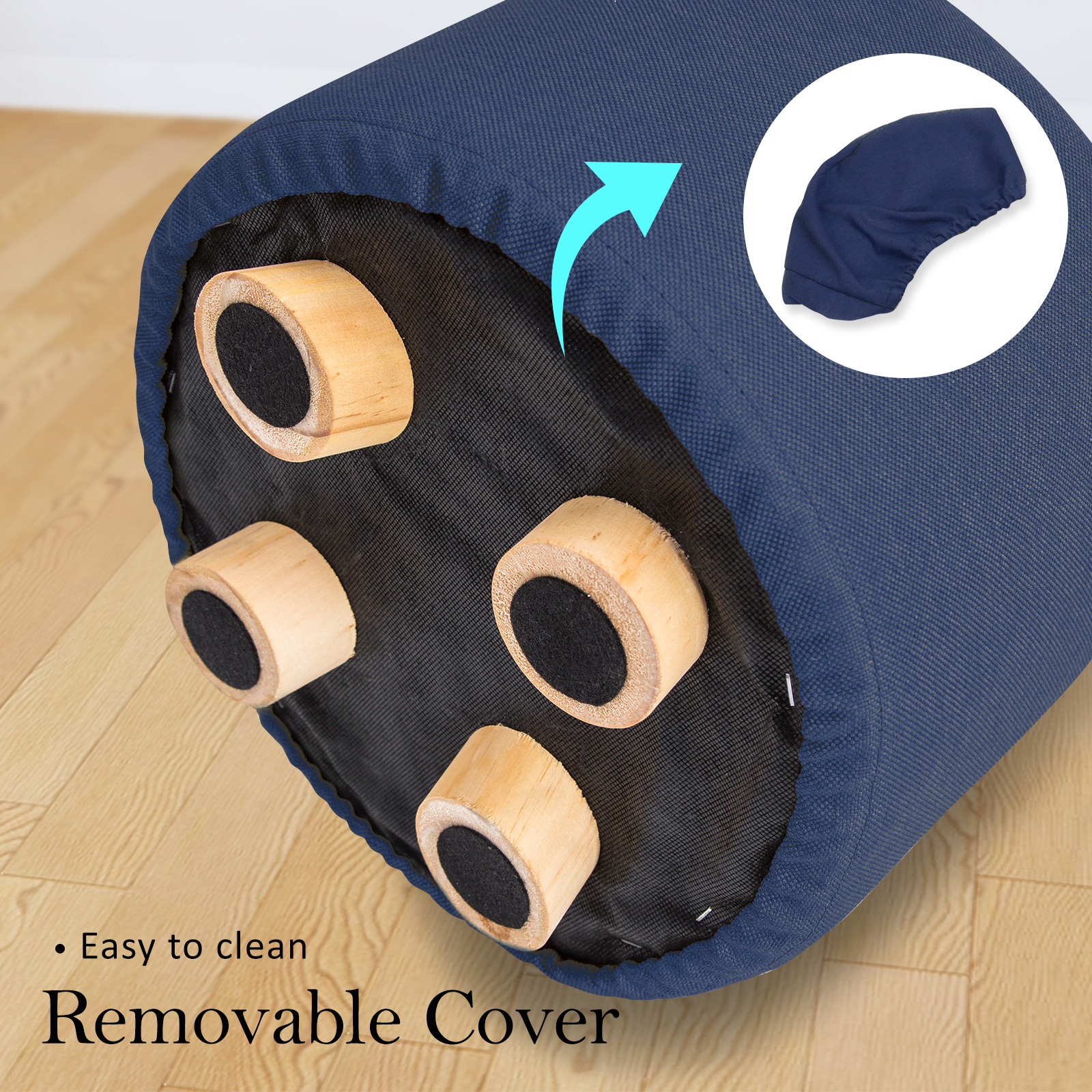 2x fabric ottoman round wooden leg foot stool dark blue