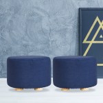2x fabric ottoman round wooden leg foot stool dark blue