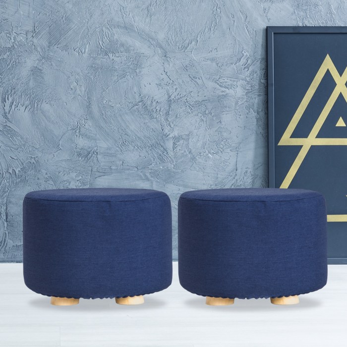 2x fabric ottoman round wooden leg foot stool dark blue
