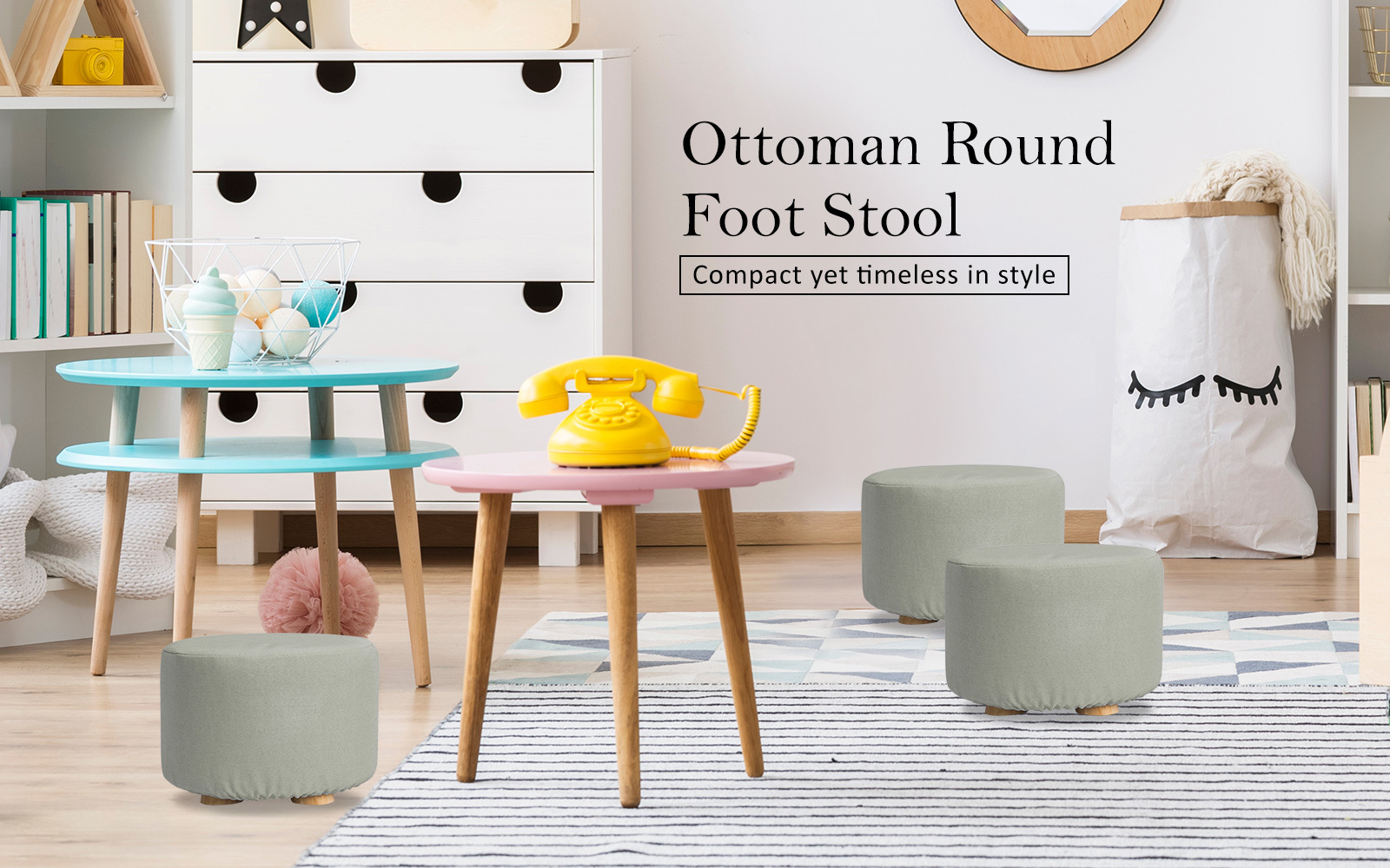 fabric ottoman round wooden leg foot stool grey