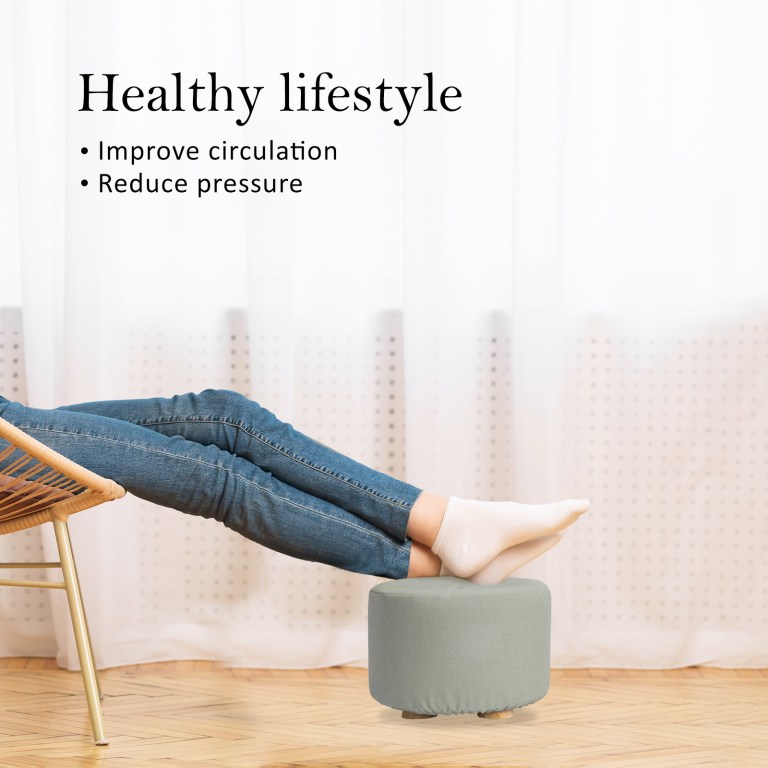 fabric ottoman round wooden leg foot stool grey