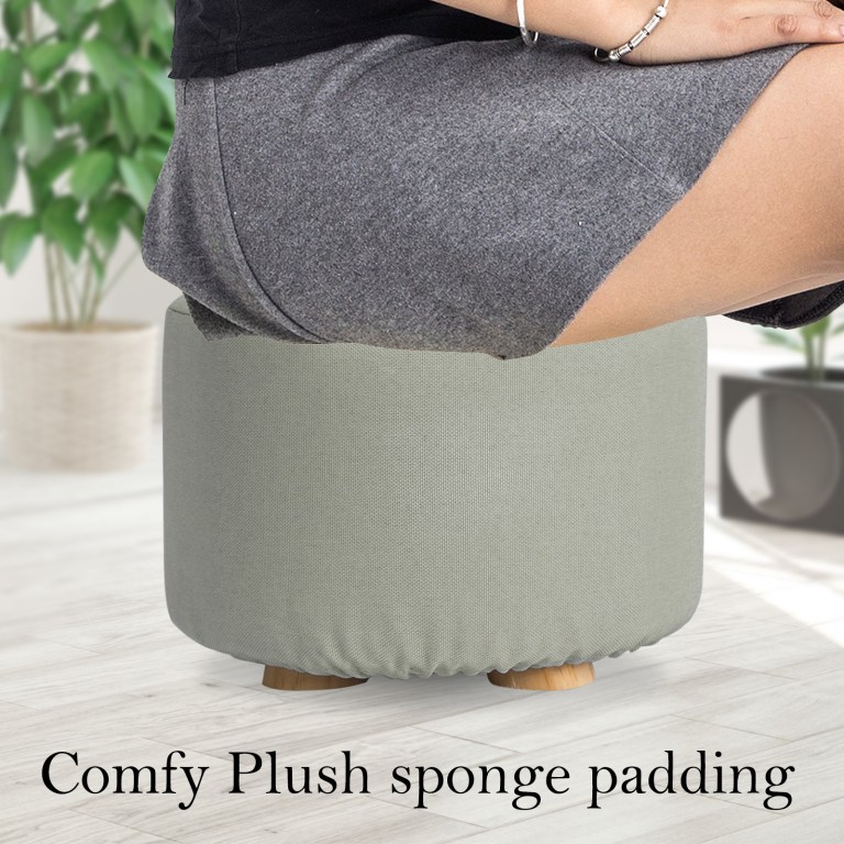fabric ottoman round wooden leg foot stool grey