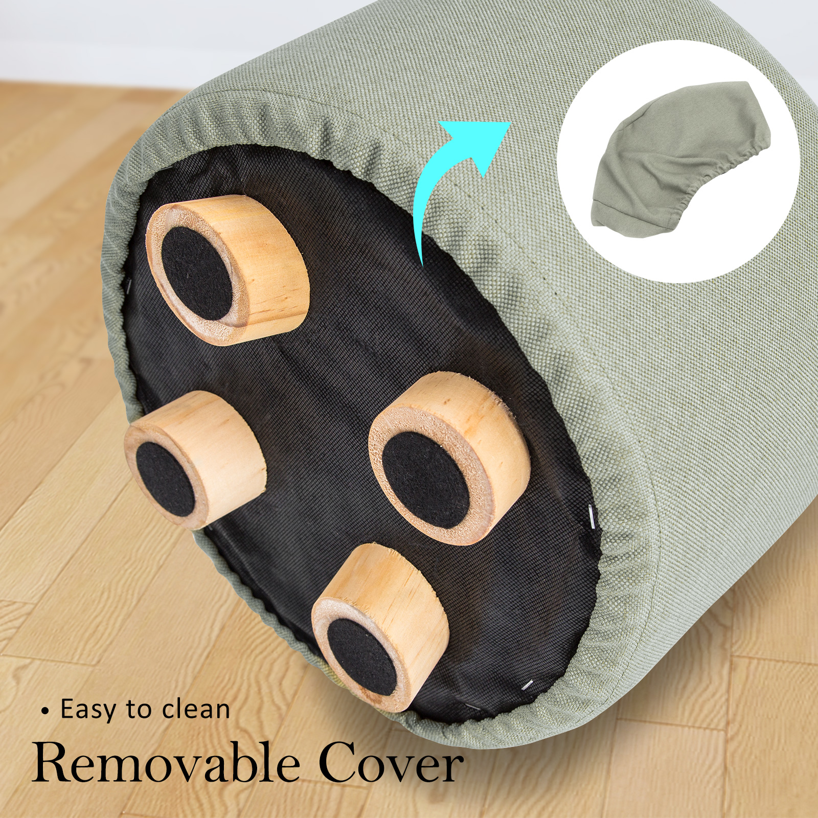 fabric ottoman round wooden leg foot stool grey