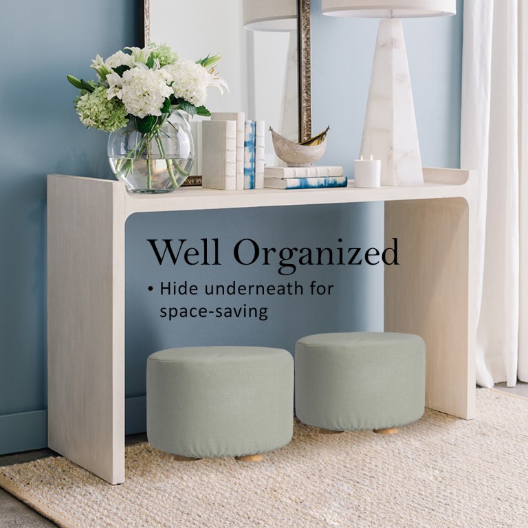 fabric ottoman round wooden leg foot stool grey