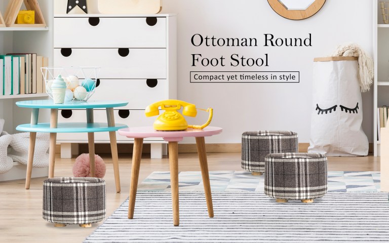 2x fabric ottoman round wooden leg foot stool lattice