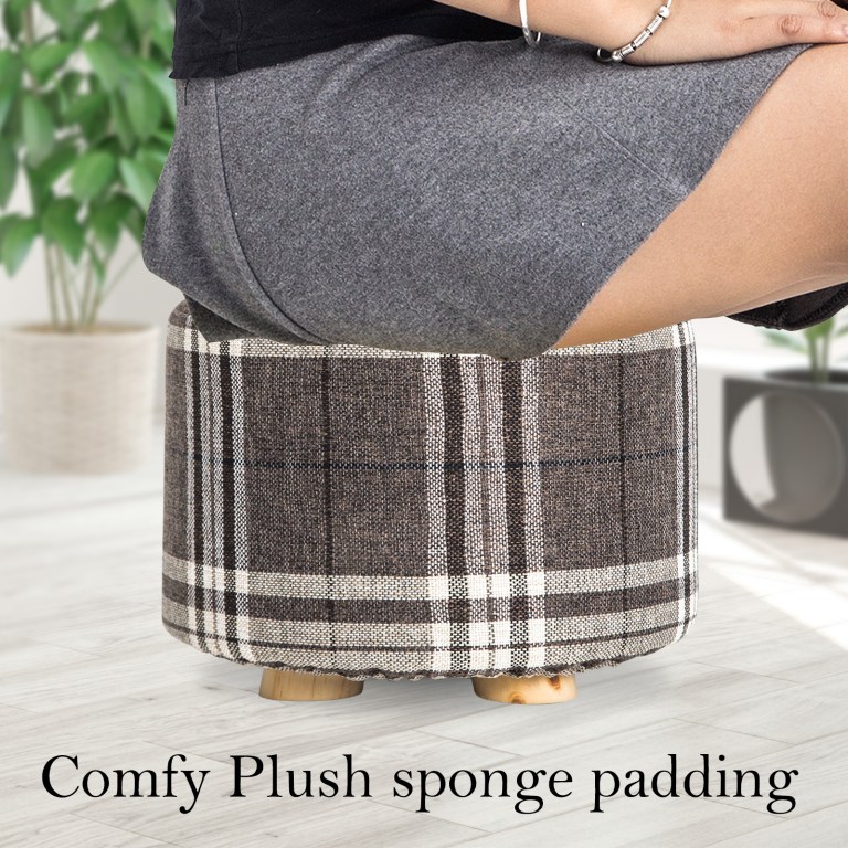 2x fabric ottoman round wooden leg foot stool lattice