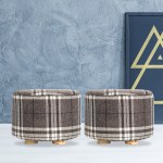 2x fabric ottoman round wooden leg foot stool lattice