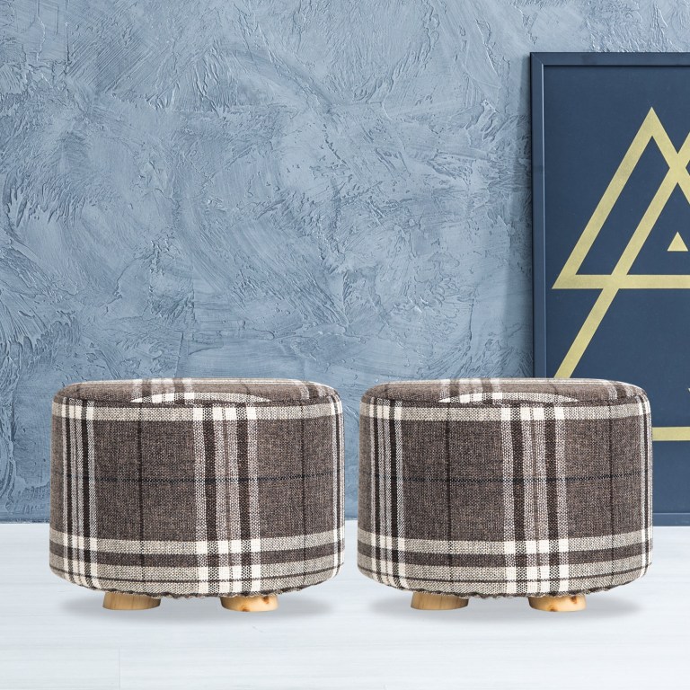 2x fabric ottoman round wooden leg foot stool lattice