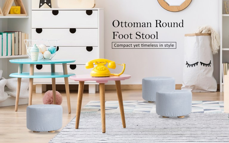 fabric ottoman round wooden leg foot stool light blue