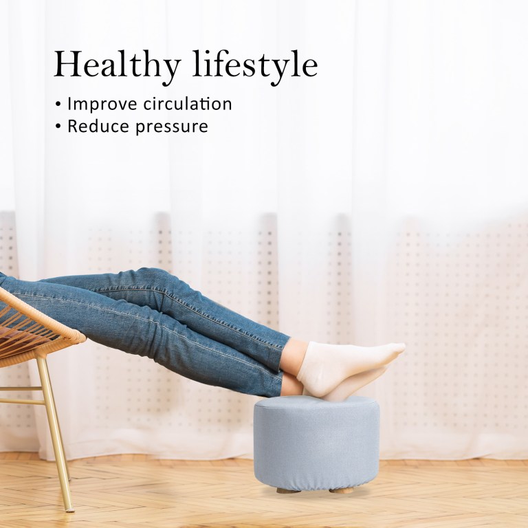 fabric ottoman round wooden leg foot stool light blue