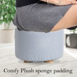 fabric ottoman round wooden leg foot stool light blue