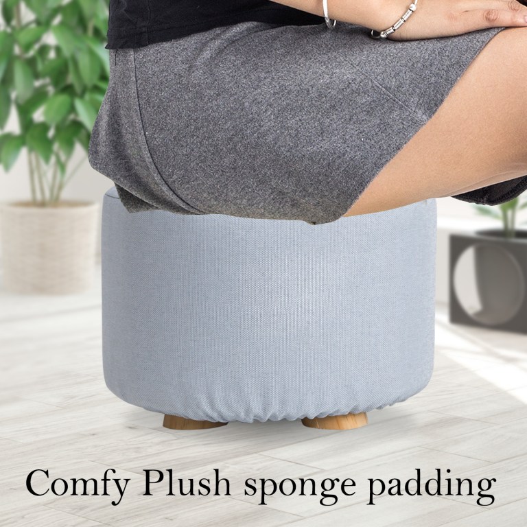 fabric ottoman round wooden leg foot stool light blue