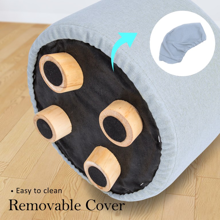 fabric ottoman round wooden leg foot stool light blue