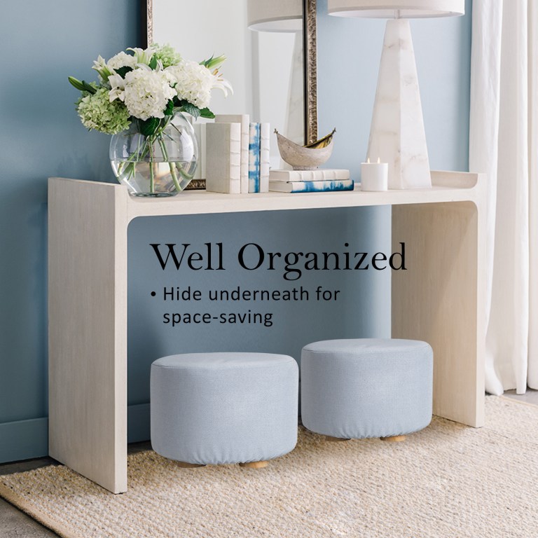 fabric ottoman round wooden leg foot stool light blue