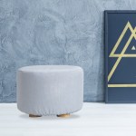 fabric ottoman round wooden leg foot stool light blue