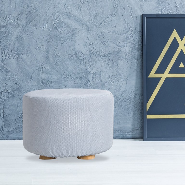 fabric ottoman round wooden leg foot stool light blue