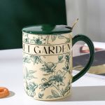 2x high fired ceramic porcelain mug set with lid 400ml vintage floral tea spoon green