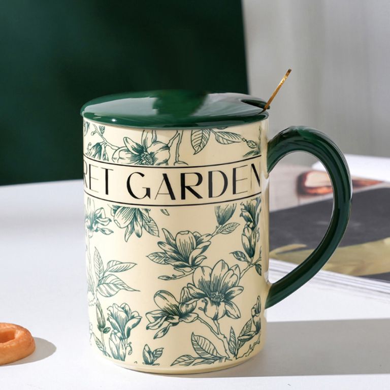 2x high fired ceramic porcelain mug set with lid 400ml vintage floral tea spoon green