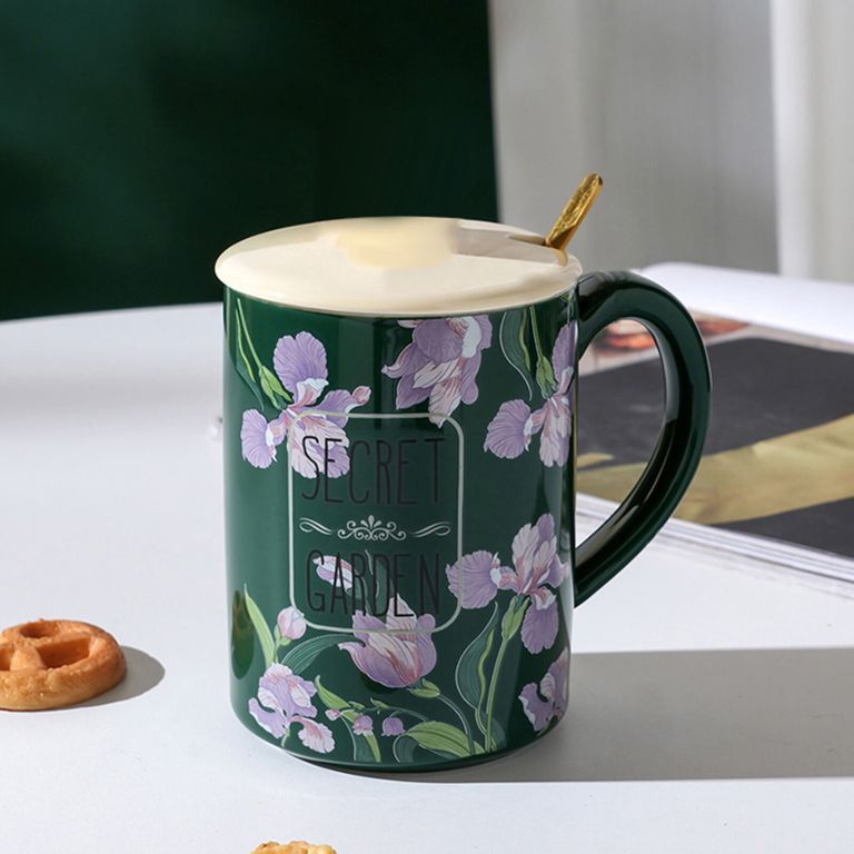 2x high fired ceramic porcelain mug set with lid 400ml vintage floral tea spoon green