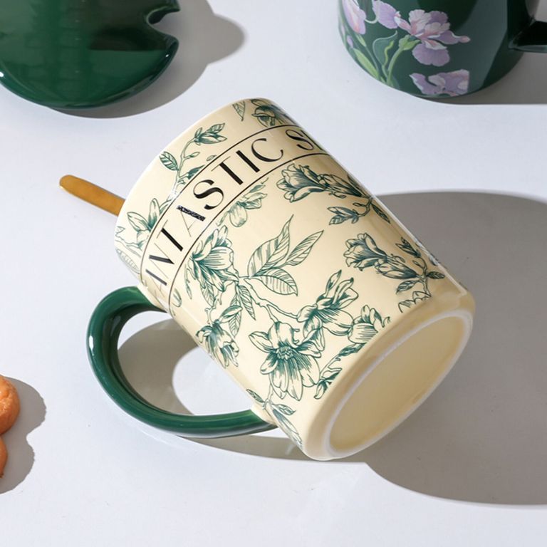 2x high fired ceramic porcelain mug set with lid 400ml vintage floral tea spoon green