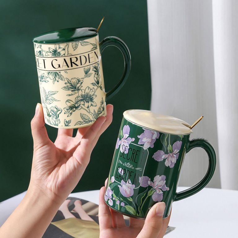2x high fired ceramic porcelain mug set with lid 400ml vintage floral tea spoon green