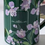 2x high fired ceramic porcelain mug set with lid 400ml vintage floral tea spoon green