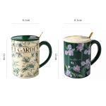 2x high fired ceramic porcelain mug set with lid 400ml vintage floral tea spoon green
