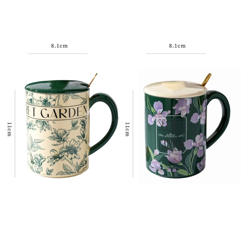2x high fired ceramic porcelain mug set with lid 400ml vintage floral tea spoon green