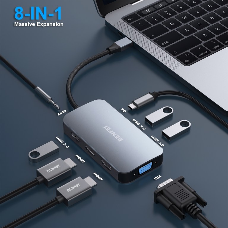 benfei 335gy usb c hub with triple display, 8 in 1 docking station (100w pd, dual 4k hdmi, vga, 3x usb 3.0)