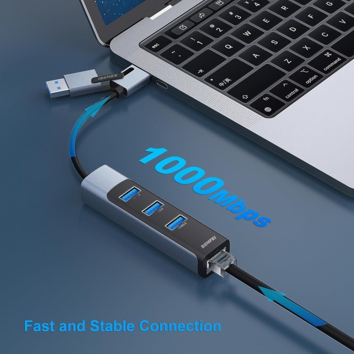 benfei 350gy 2 in 1 usb c+usb 3.0 to rj45 gigabit ethernet port + 3 port usb 3.0 hub