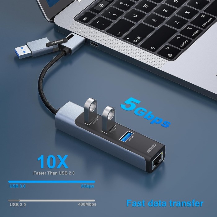 benfei 350gy 2 in 1 usb c+usb 3.0 to rj45 gigabit ethernet port + 3 port usb 3.0 hub
