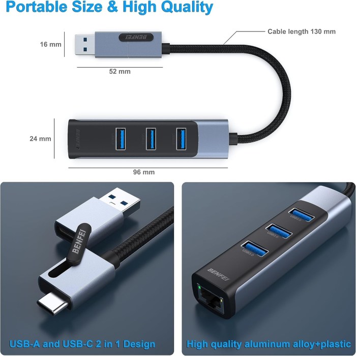 benfei 350gy 2 in 1 usb c+usb 3.0 to rj45 gigabit ethernet port + 3 port usb 3.0 hub