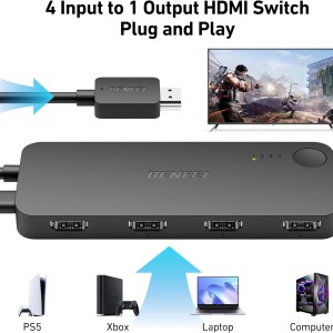 benfei 365bk hdmi switch 4 in 1 out 4k@60hz, 2k@144hz, hdcp 2.3 (with adaptive equalization support 30ft hdmi transmit) benfei 365bk hdmi switch 4 in 1 out 4k@60hz, 2k@144hz, hdcp 2.3 (with adaptive equalization support 30ft hdmi transmit)