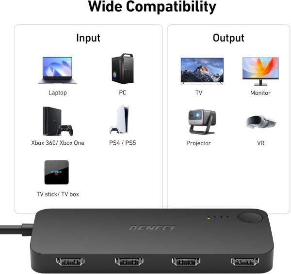 benfei 365bk hdmi switch 4 in 1 out 4k@60hz, 2k@144hz, hdcp 2.3 (with adaptive equalization support 30ft hdmi transmit)
